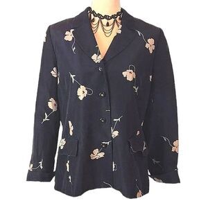 Doncaster 90s Navy Blue Floral Button Front Silk Blazer Jacket Size 12